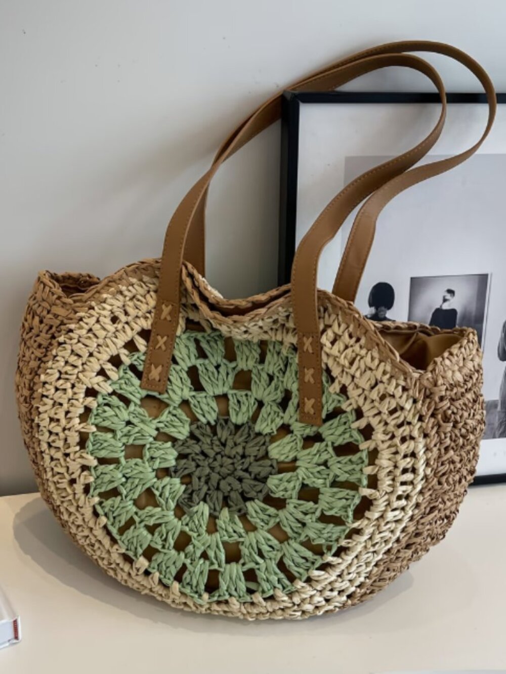 Boho Crochet Raffia Straw Tote Shoulder Bag Tan Green Round Granny Square Lined